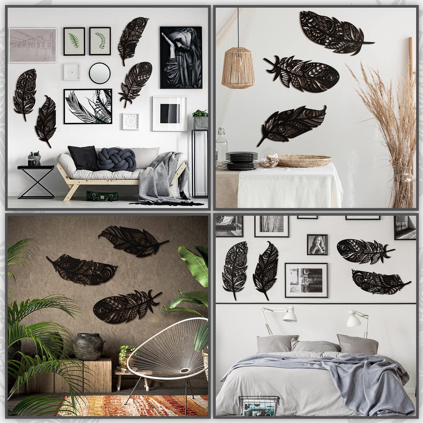 Qunclay 4 Pieces Feather Wall Decor Wooden Feather Wall Art Boho Wall Decor Laser Cut Hanging Mandala Large Rustic Farmhouse Wood Sign for Home Living Room Bedroom Bathroom Kitchen(Black)
