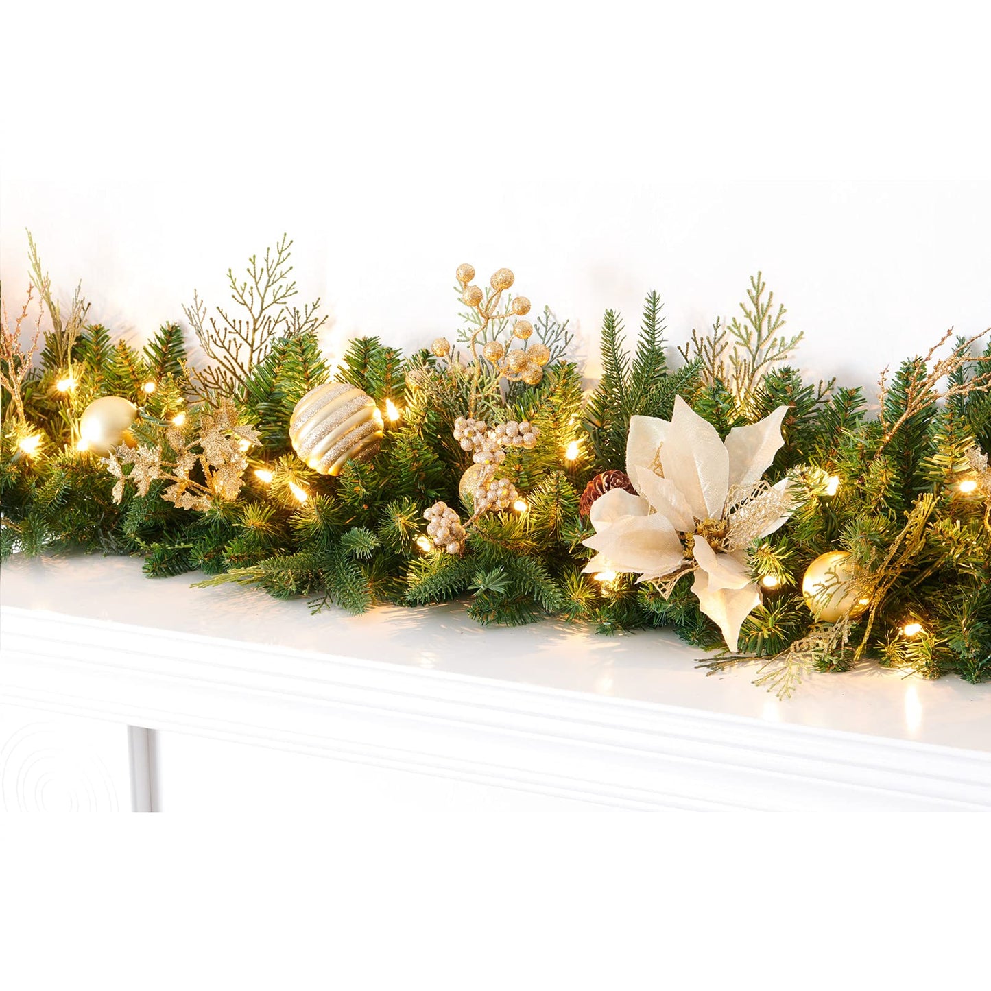 AMERZEST 9Ft Christmas Garland Prelit with Gold Berries and Balls,Flower and 50 Lights Plug in,Holiday Decoration Fireplace Stairs Mantle Door Indoor Outdoor