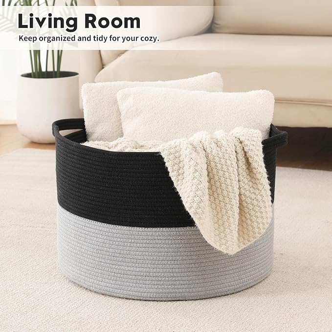 Foldable Laundry Hamper Basket with Collapsible Handle Cotton Rope Soft Woven Fabric Storage Organizer Clothes Toys Nursery Bedroom Dorm Space Saving Bin (Black & Grey, 65L(19.7"D x 12.6"H))