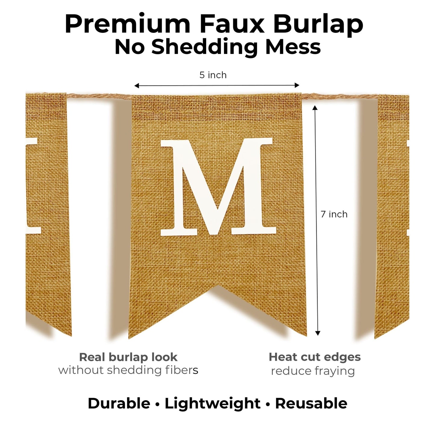 Pre-Printed Banner Kit – 97 BURLAP Flags with WHITE Letters, Numbers & Symbols, Reusable DIY Custom Banner, Make Your Own Personalized Party Banner, Faux Burlap, Includes Twine & 2 Needles