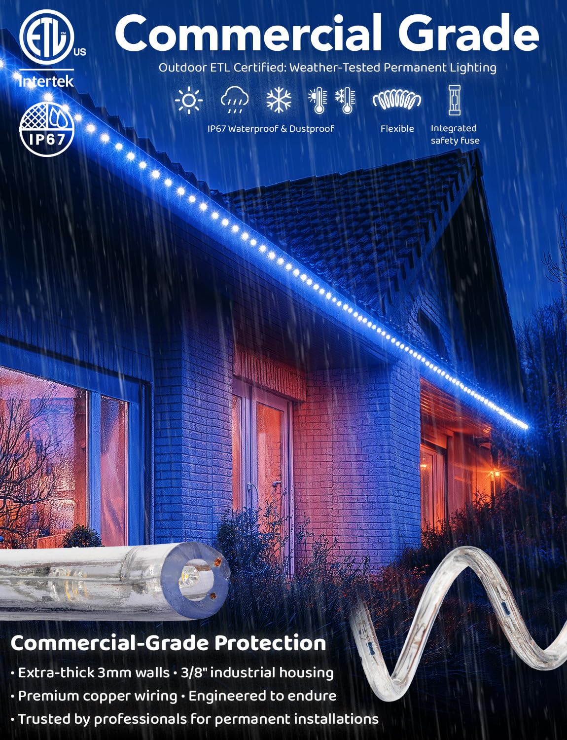 WYZworks 1116LEDs, 100ft LED Outside Rope Lights, Waterproof Permanent Outdoor ETL Certified Connectable Clear Tube, Christmas Palm Tree Holiday Decorative Landscape Patio Accent Lighting - Blue