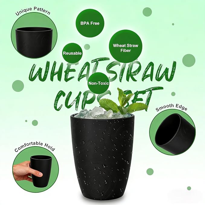 Wheat Straw Drinking Glasses Set of 6, Unbreakable 16 OZ Water Cup with Unique Pattern, Alternative to Plastic Reusable Cups for Kitchen & Outdoor, Dishwasher Safe Cup Set, Black
