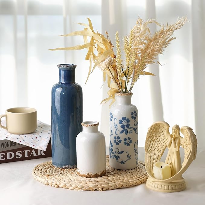 Ceramic Vases Set of 3, Blue and White Vintage Flower Vase for Farmhouse Shelves, Rustic Vase for Table Bookshelf, Living Room Decorative