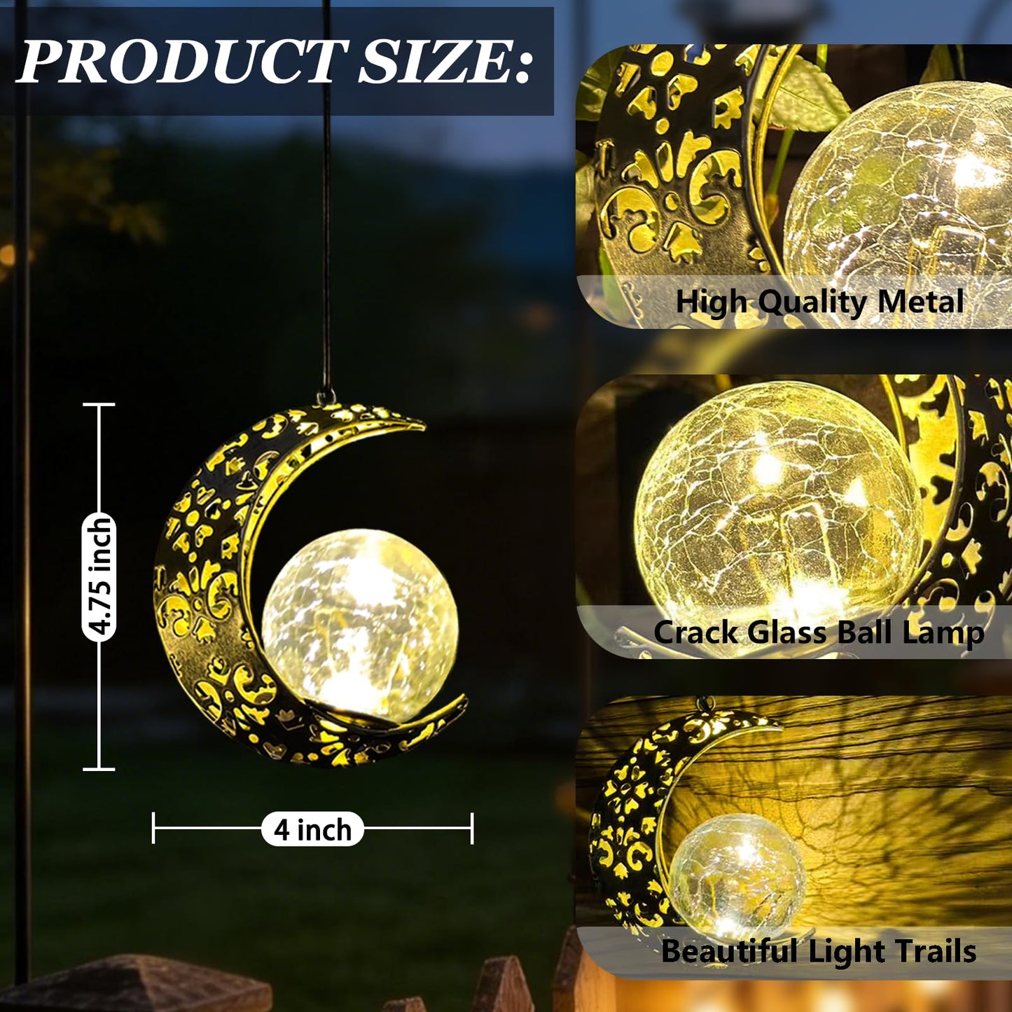 Amugmilk Solar Lanterns Outdoor Garden Decorations, 4 Pack Hanging Solar Moon Lights with Cracked Glass Globes Decor for Backyard Balcony Patio Fence Tree ,Unique Mother's Day Gifts for Women Mom
