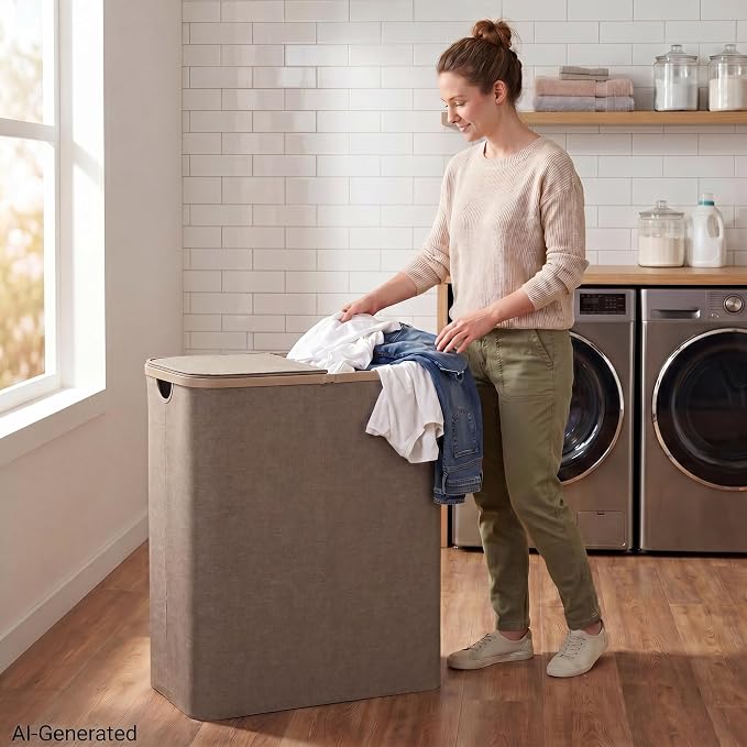 DOKEHOM 160L Extra Large Laundry Hamper with Lid, 2-Section Double Laundry Basket with Removable Mesh Liner Bags, Collapsible Clothes Sorter for Family, Bedroom, Laundry Room, Khaki