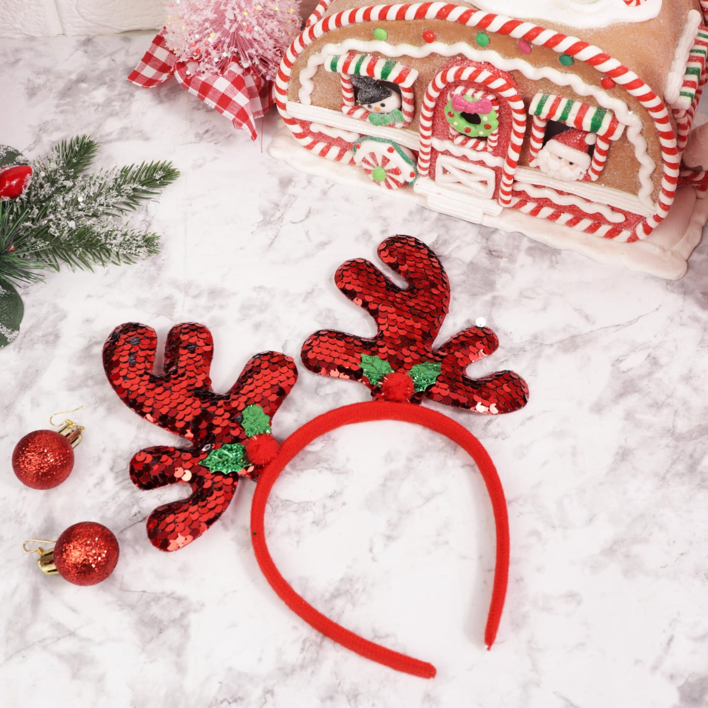 Needzo Color Changing Sequin Christmas Antler Headband, Reversible Red and Silver Sequins with Mistletoe, Festive Holiday Party Accessory, One Size Fits Most