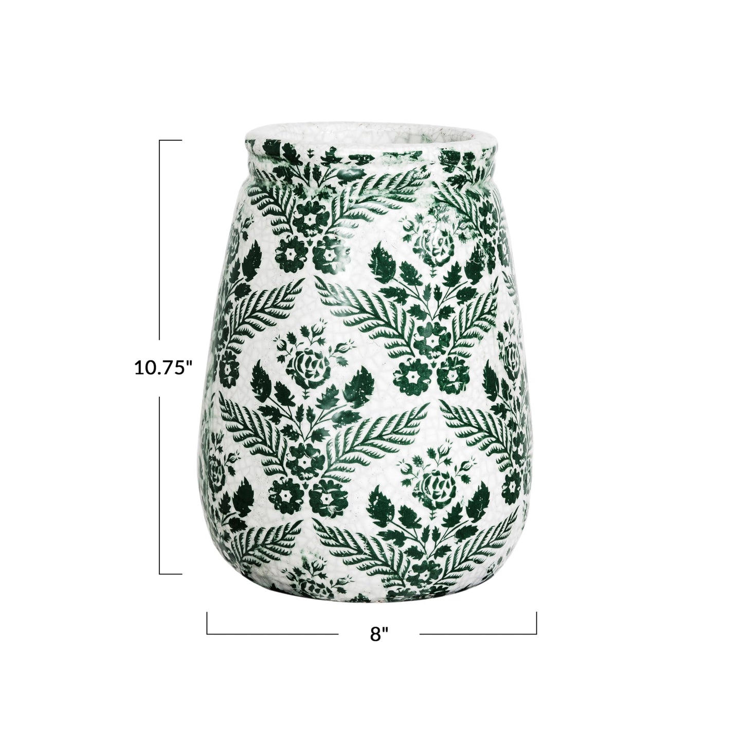 Creative Co-Op Terra-Cotta Planter Vase with Flower Pattern and Crackle Glaze, Green and White