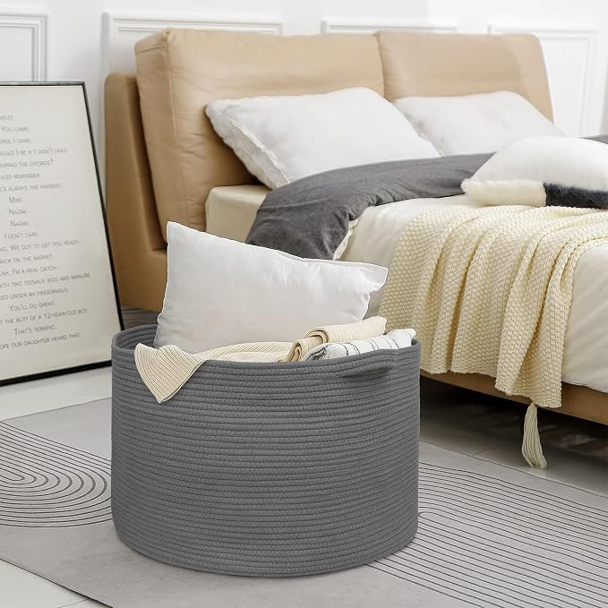 MEGASKET Large Dark Grey Storage Basket, Woven Cotton Rope Baskets for Storage, Big Blanket Organizer Storage Basket for Living Room, Kids Room Toy Storage Organizer Box, Blanket Keeper (22"x14")