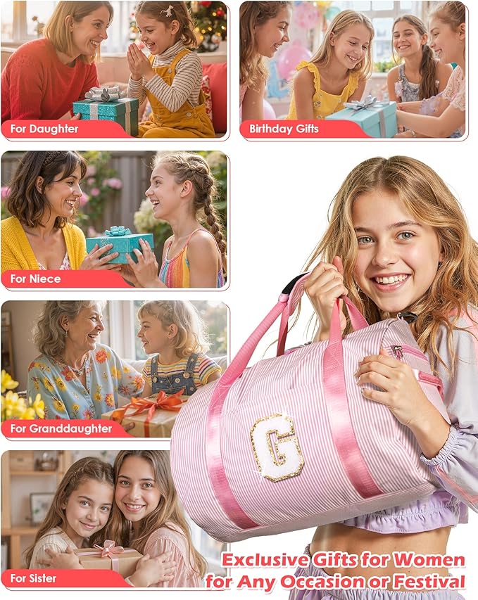 Girly Cute Stuff, Girl Gym Bag, Kids Initial Overnight Duffel Bags with Shoe Compartment, Personalized Travel Bag with Makeup Pouch, Niece Daughter Sister Birthday Gift (Letter L)