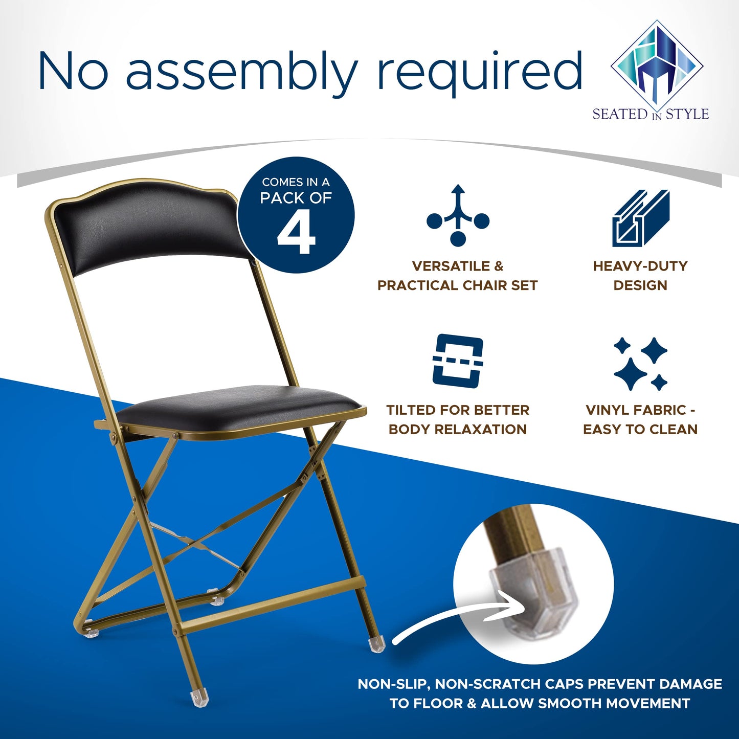 Premium Folding Chairs 4 Pack - Narrow 15" Seat, Padded Seat & Back - Folds Ultra Slim (~1 Inch) - Elegant Event Seating for Weddings, Parties & Dining Gold Frame Black Vinyl
