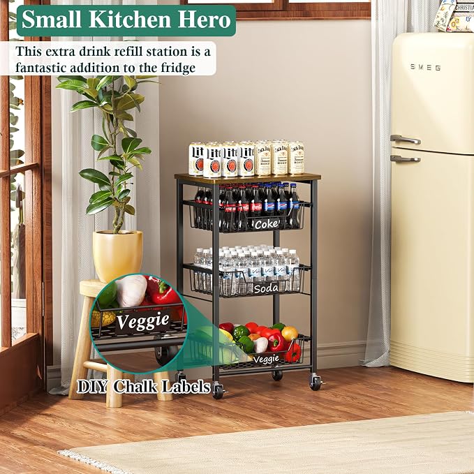 OKZEST 4-Tier Kitchen Storage Cart on Wheels – Mobile Fruit Basket Stand with Drawers & Wooden Top, Small Rolling Pantry Shelf for Potatoes, Onions, Bottled Drinks, Cans, Snacks – Includes 3 PE Liners