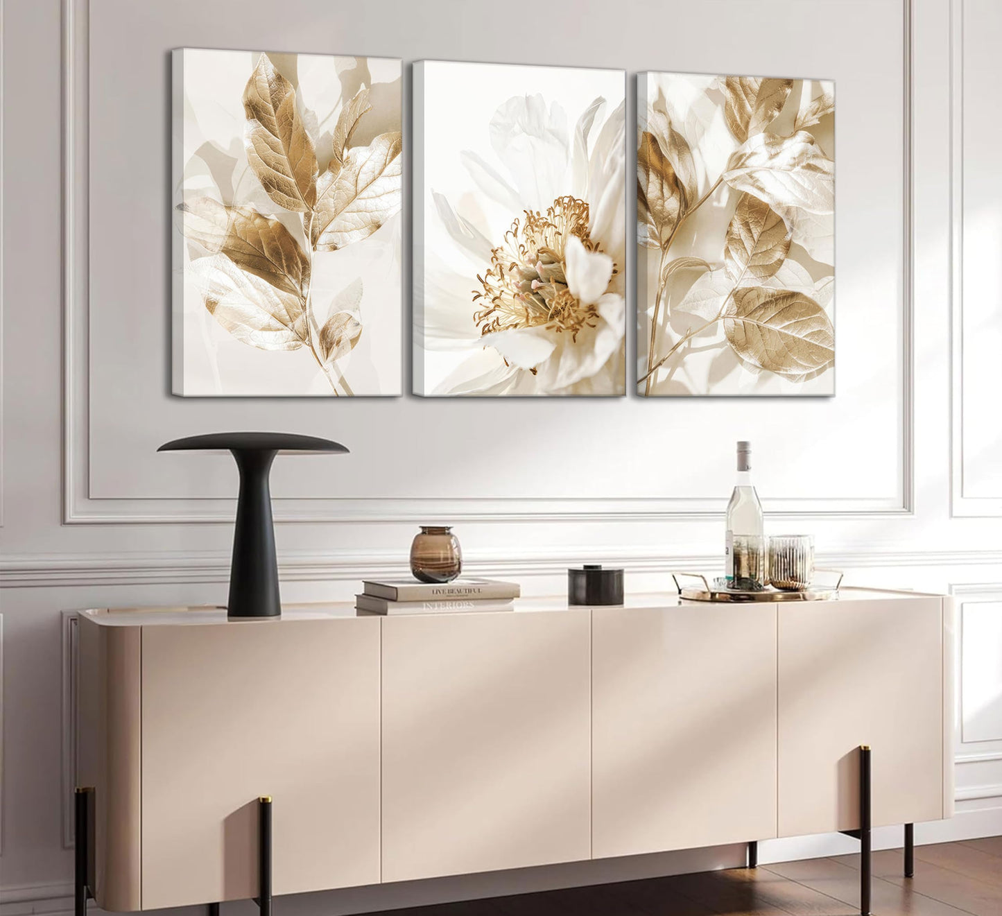 3 Pcs Modern White Floral Golden Leaves Canvas Wall Art Neutral Boho Beige Botanical Painting Pictures Nordic Wall Decor Posters Print Artwork for Bedroom Living room Office Home Decoration