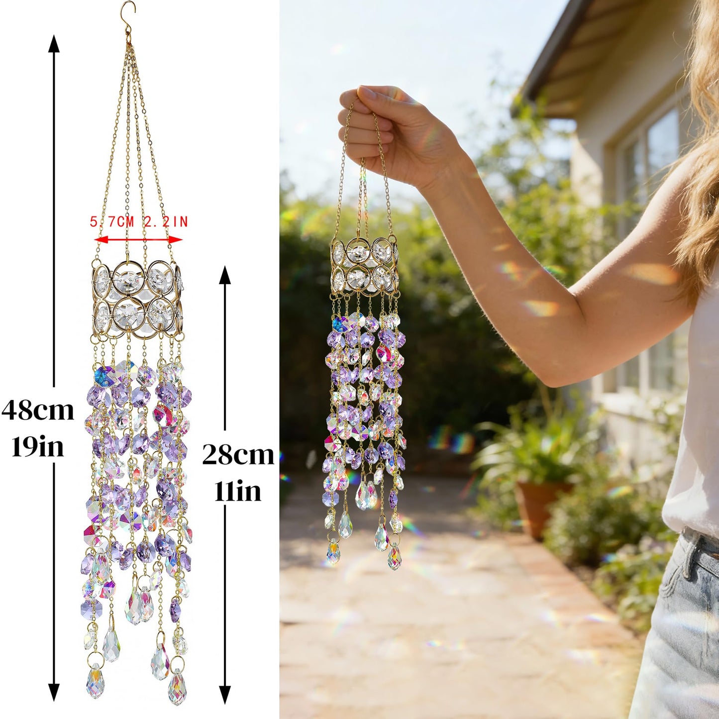 H&D HYALINE & DORA 19'' H Crystal Suncatchers Windows Hanging Crystals Sun Catcher Prisms with Purple Beads Chain Gold-Plated Sun Catcher for Indoor and Outdoor Decor