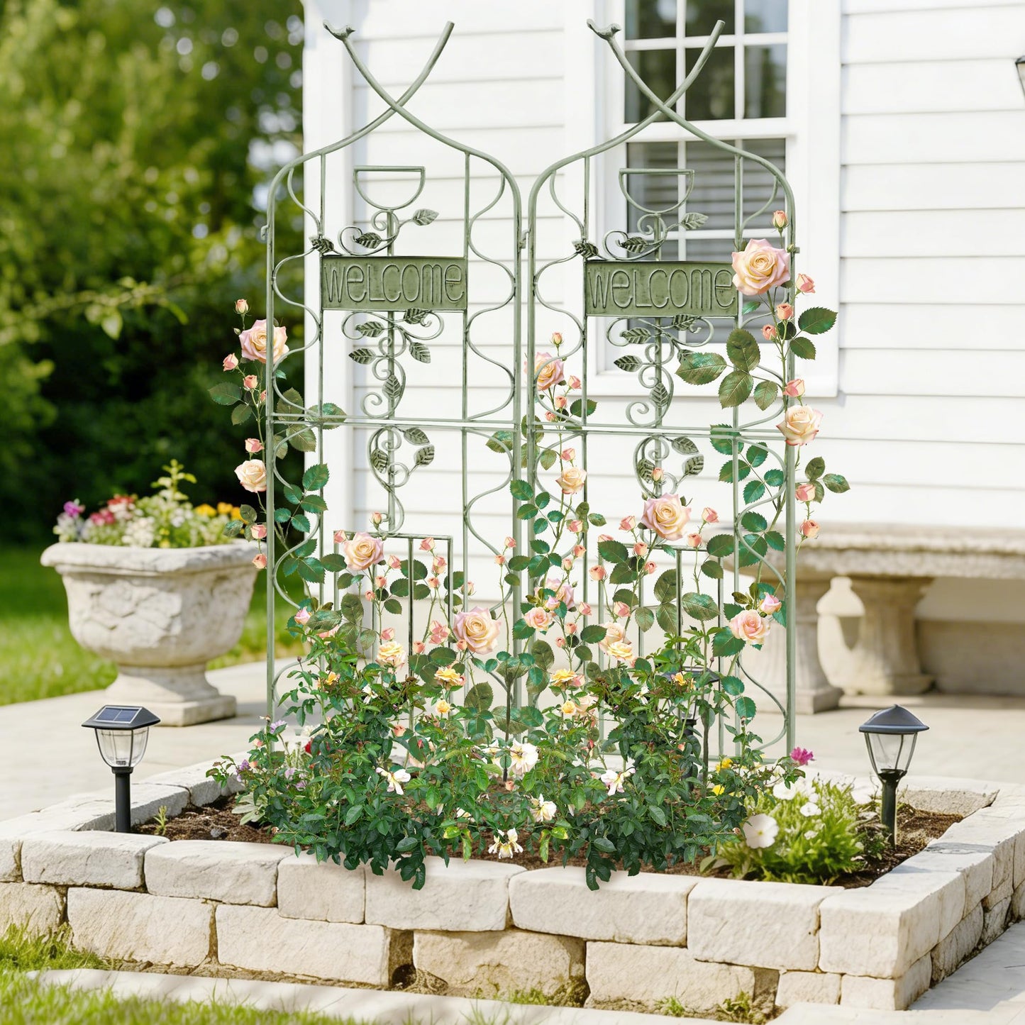 LZRS 2 Pack 59.5 * 18in Rustic Iron Arch Decoration Garden Trellis with Metal Coating – Perfect for Supporting Climbing Plants Outdoor, Roses, Vines, Flowers, and Vegetables, Antique Green