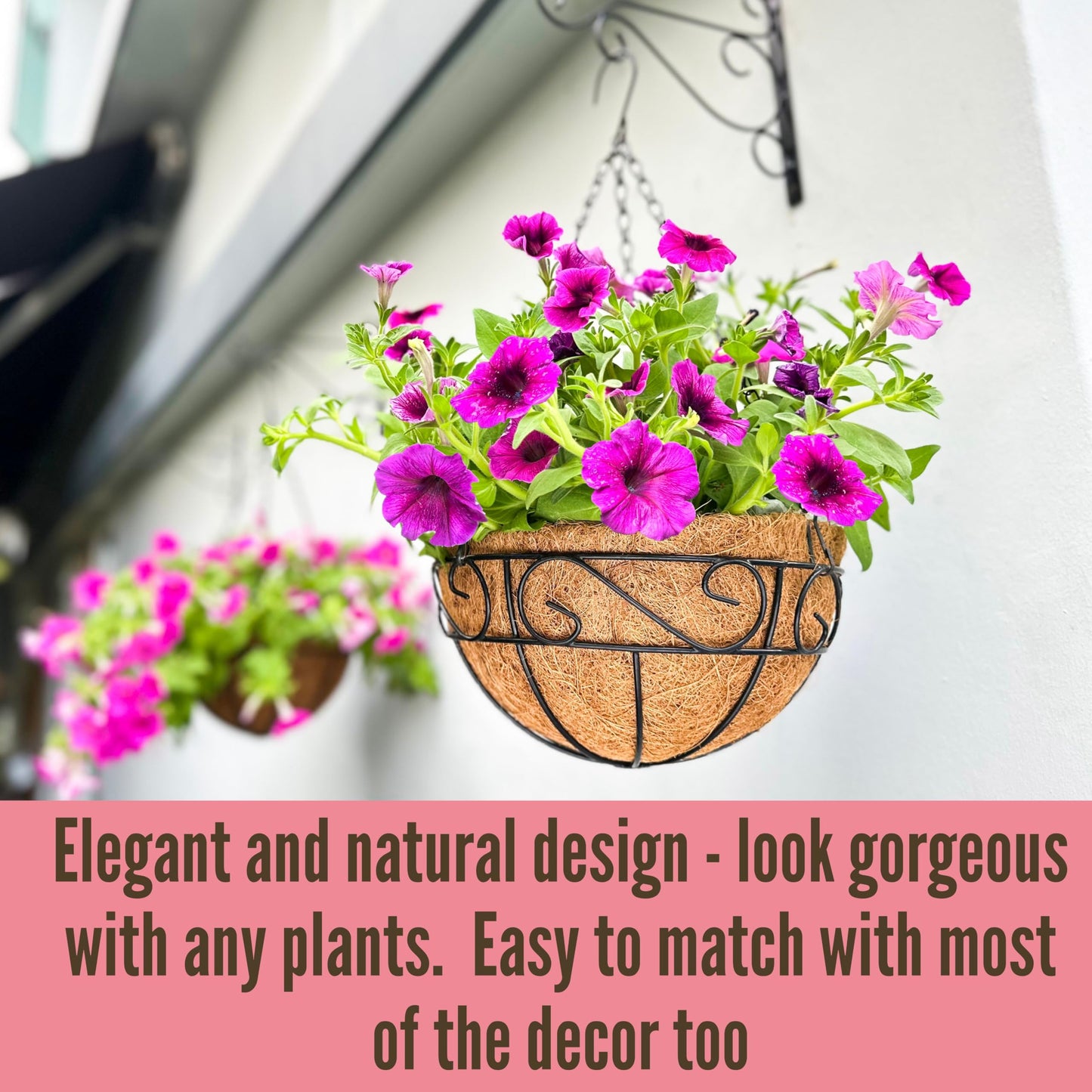 LaLaGreen Hanging Planter for Outdoor Plants (14 Inch, 2 Pack) Black Hanging Baskets with Coco Liner, Metal Wire Flower Basket Pots with Hook Hanger Balcony Porch Farmhouse Country Style Garden Decor