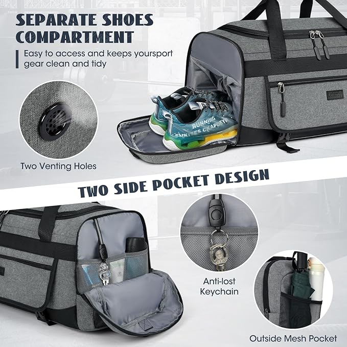 IGOLUMON Gym Bag for Men 55L Sports Duffel Bags Gym Duffle Bag Women with Shoe Compartment & Wet Pocket Water Resistant Travel Duffel Bag Lightweight Weekender Overnight Bag Gray