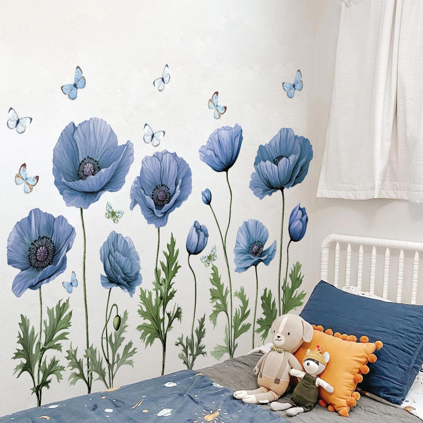AM AMAONM Removable 3D Creative Flowers and Butterflies Wall Decal, Flower Vines Wall Stickers, DIY Floral Leaf Wall Decor for Home Nursery Bedroom Wall Corner Decoration (Blue)