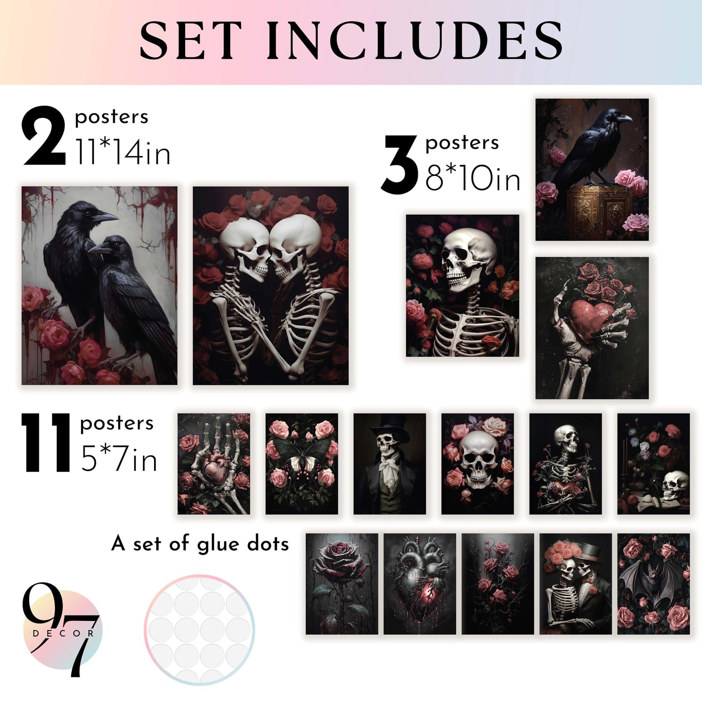 97 Decor LARGE 11x14 Gothic Wall Decor - Large Romantic Goth Decor, Skull Art Prints Spooky Home Decor, Creepy Skeleton Raven Paintings For Wall, Dark Halloween Gothic Posters For Bedroom (unframed)