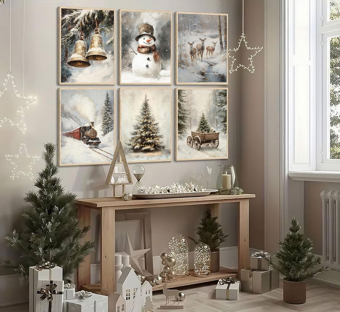 6pcs Retro Christmas Canvas Wall Art Tree Snowman Elk Christmas Posters Prints Paintings Winter Landscape Festive Elements Wall Decor Pictures for Living Room And Bedroom Furniture Decoration Unframed