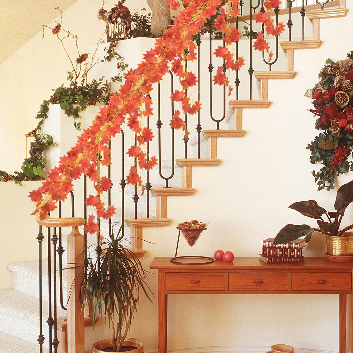 12 Pack 7.9 ft Artificial Maple Leaf Garland, 30 Leaves per Garland, Autumn Leaf Foliage Fall Decorations for Home, Garden, Room, Fireplace, Porch, Thanksgiving, Wedding, Indoor Outdoor Decor