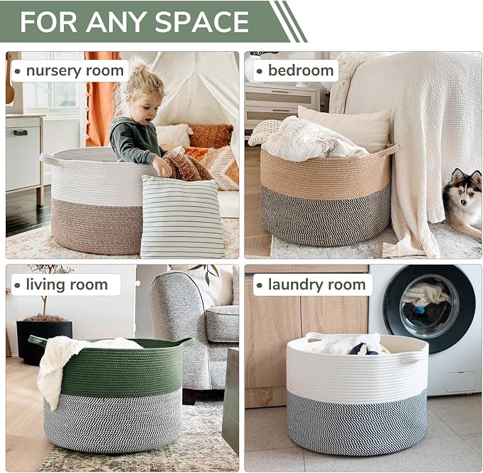 INDRSSME Large Laundry Storage Basket, 21.7 x13. 8 - Decorative Rope Blanket Basket for Organizing Bedroom, Living Room, Nursery, Toy Storage for Colthes Towel, Empty Gift Baskets -Green