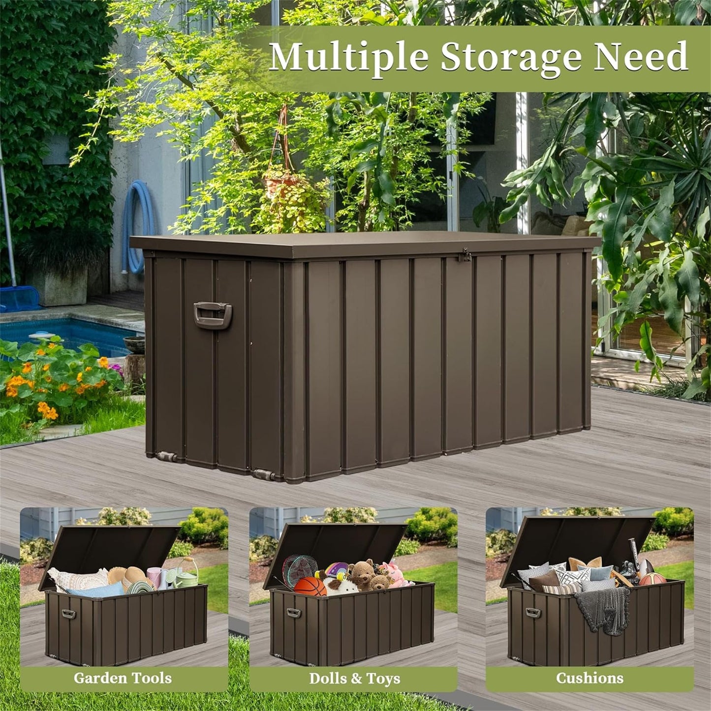 LANTRO JS 160 Gallon Metal Deck Box, Outdoor Storage Box Waterproof with Wheels, Lockable Storage Container for Patio Furniture Cushions Garden Tools, Dark Brown