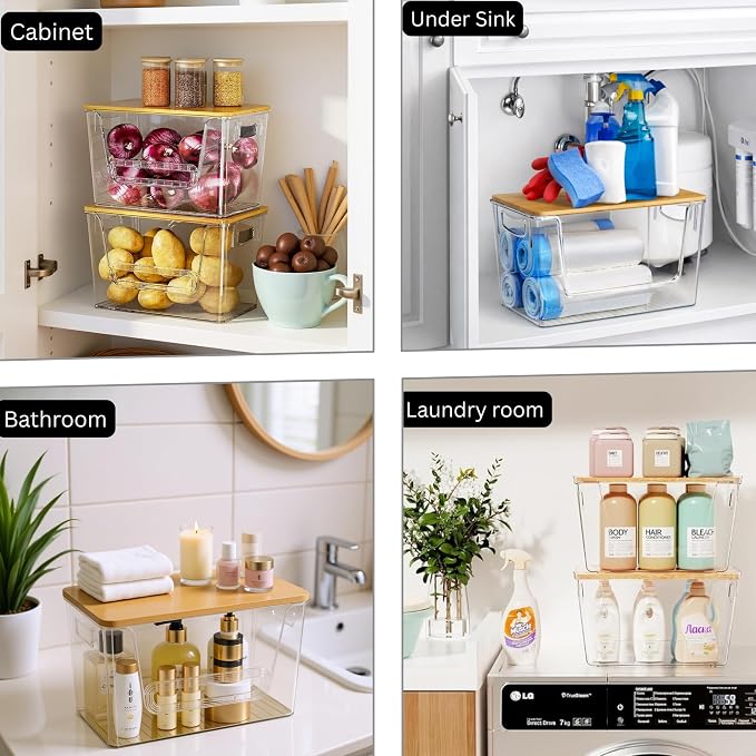 2 Set Pantry organizers and Storage,Trash Bag Holder Under sink Organizer for 4-13 Gal Bags,Trash Bag Dispenser with Bamboo Lids and Stackable Clear Bins for Potato, Onion, Garlic, Fruit, Vegetables