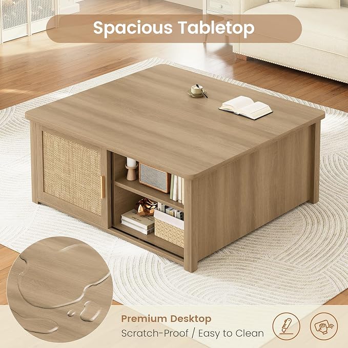 SEDETA 31.5" Lift Top Coffee Table with Storage, Square Coffee Tables for Living Room, Farmhouse Coffee Table with Large Hidden Storage Compartment and Adjustable Shelves, Rattan Oak
