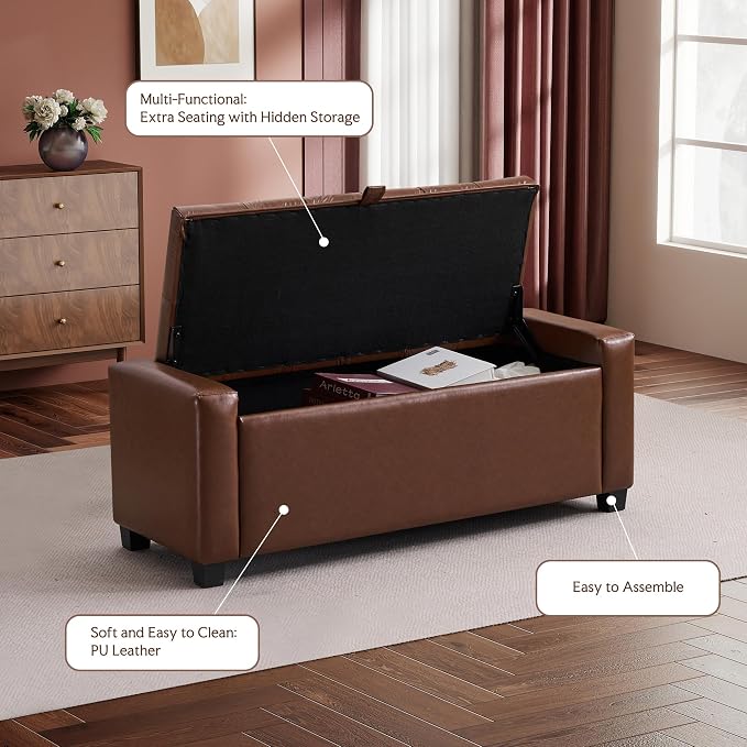 GRAINELL Storage Ottoman Bench, Upholstered Tufted Bedroom Bench with Storage, End of Bed Storage Bench for Living Room & Entryway, 350 lb Capacity, Leather Brown