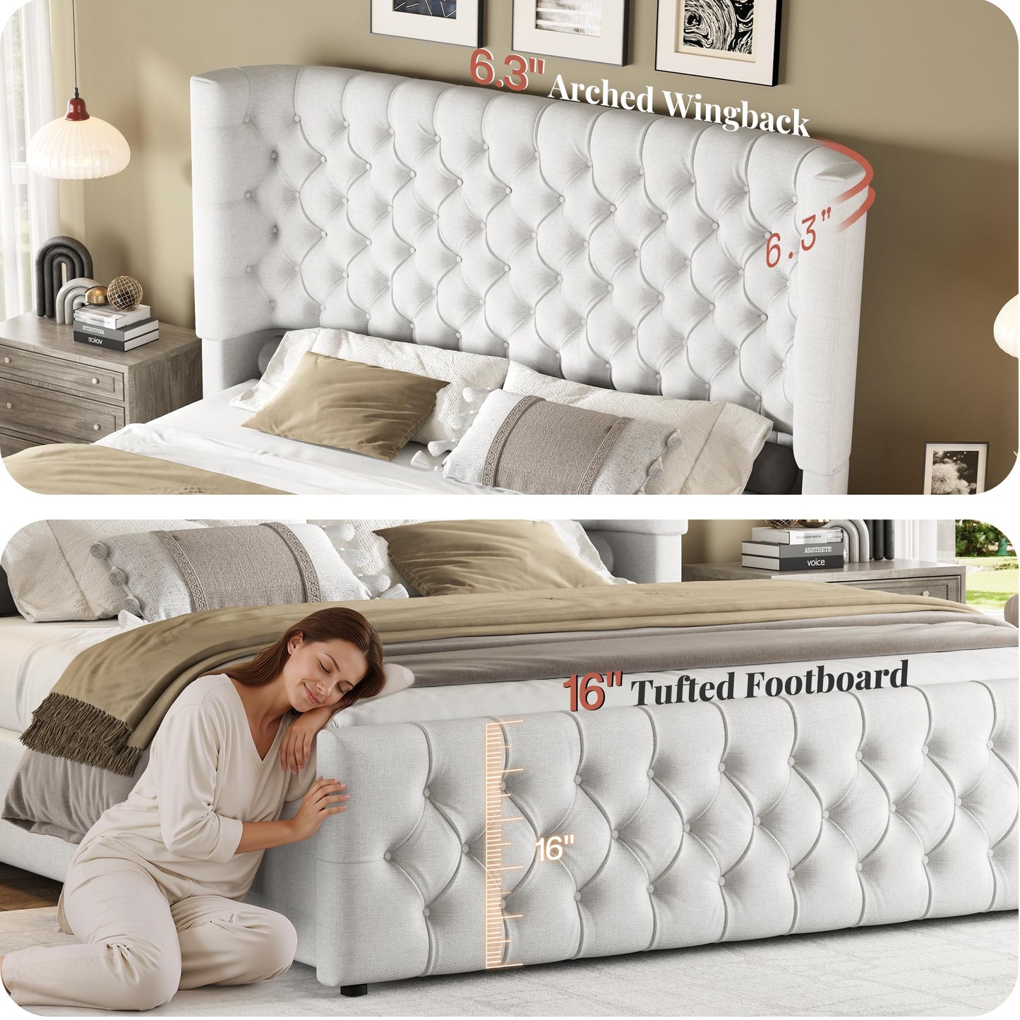 Jocisland Queen Size Platform Bed Frame, 6.3" Thick Upholstered Curved Wingback Headboard and Footboard with Deep Button Tufted, Easy Assembly, No Box Spring Needed, White Linen