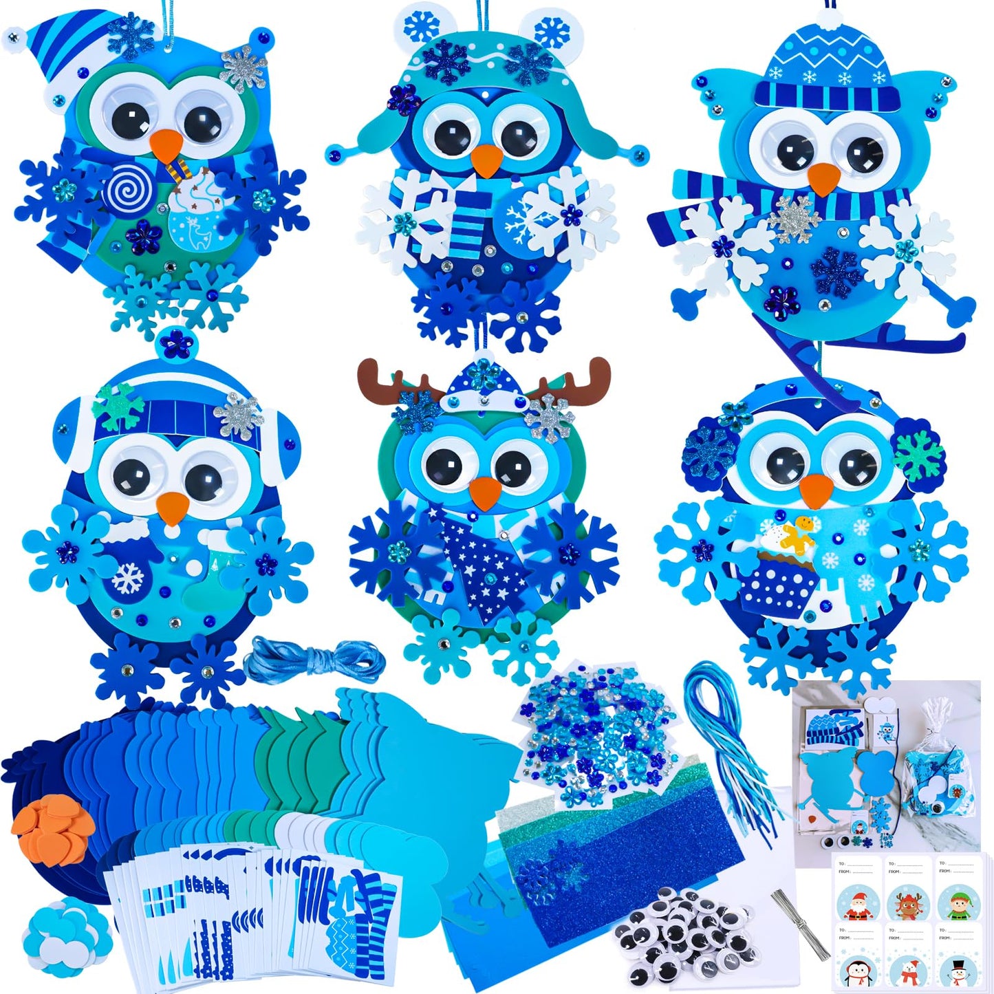 Winlyn 24 Sets Winter Craft Kits Christmas Crafts DIY Snowflake Owl Ornaments Decorations Craft Kit Festive Foam Stickers Winter Arts and Crafts for Kids Holiday Home Classroom Activities Party Favors