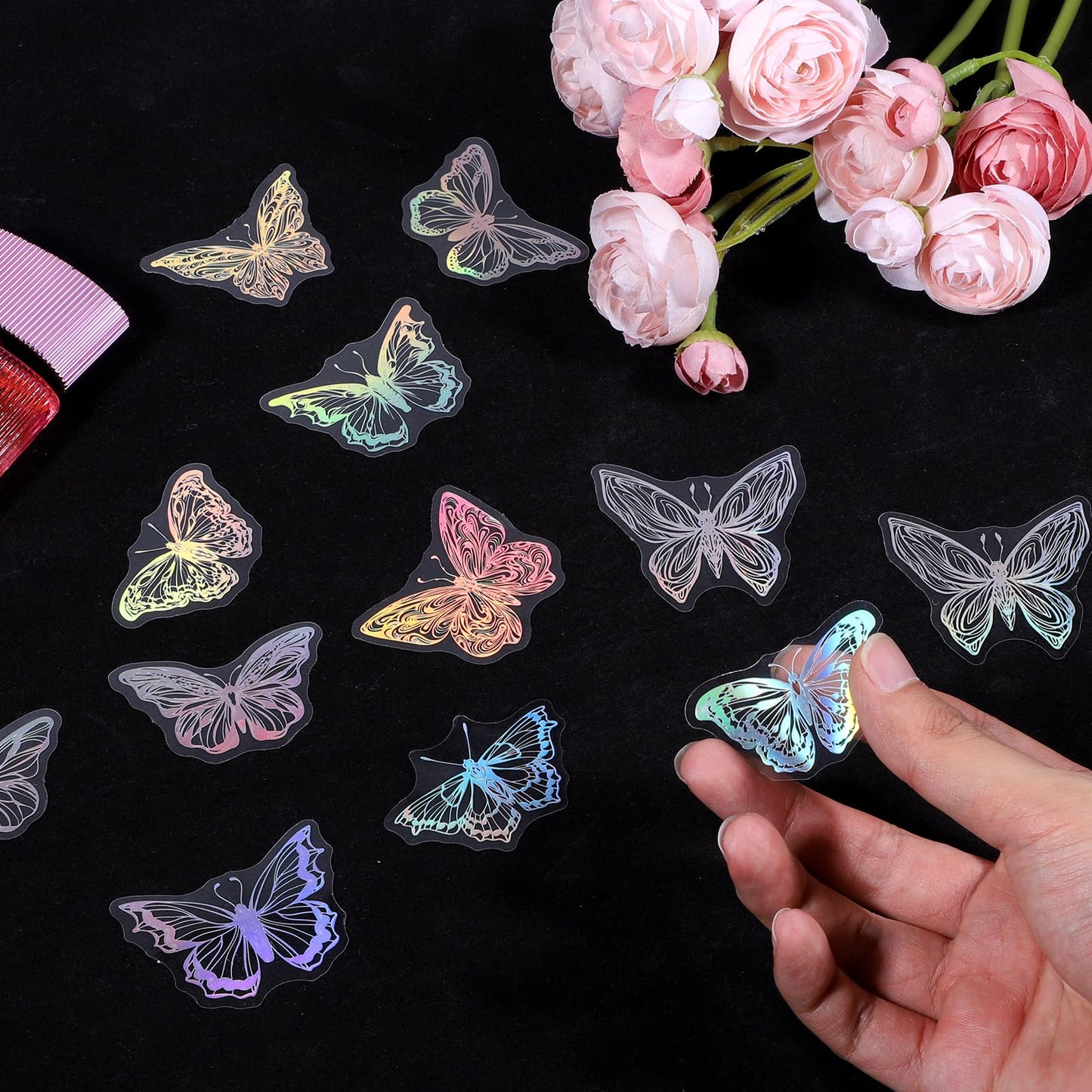 45PCS Butterfly Holographic Stickers Transparent Butterfly Stickers Glitter Butterflys Sticker Set Waterproof Decorative Pet Decals for Scrapbooking Journaling Planners DIY Crafts Laptop Water Bottle