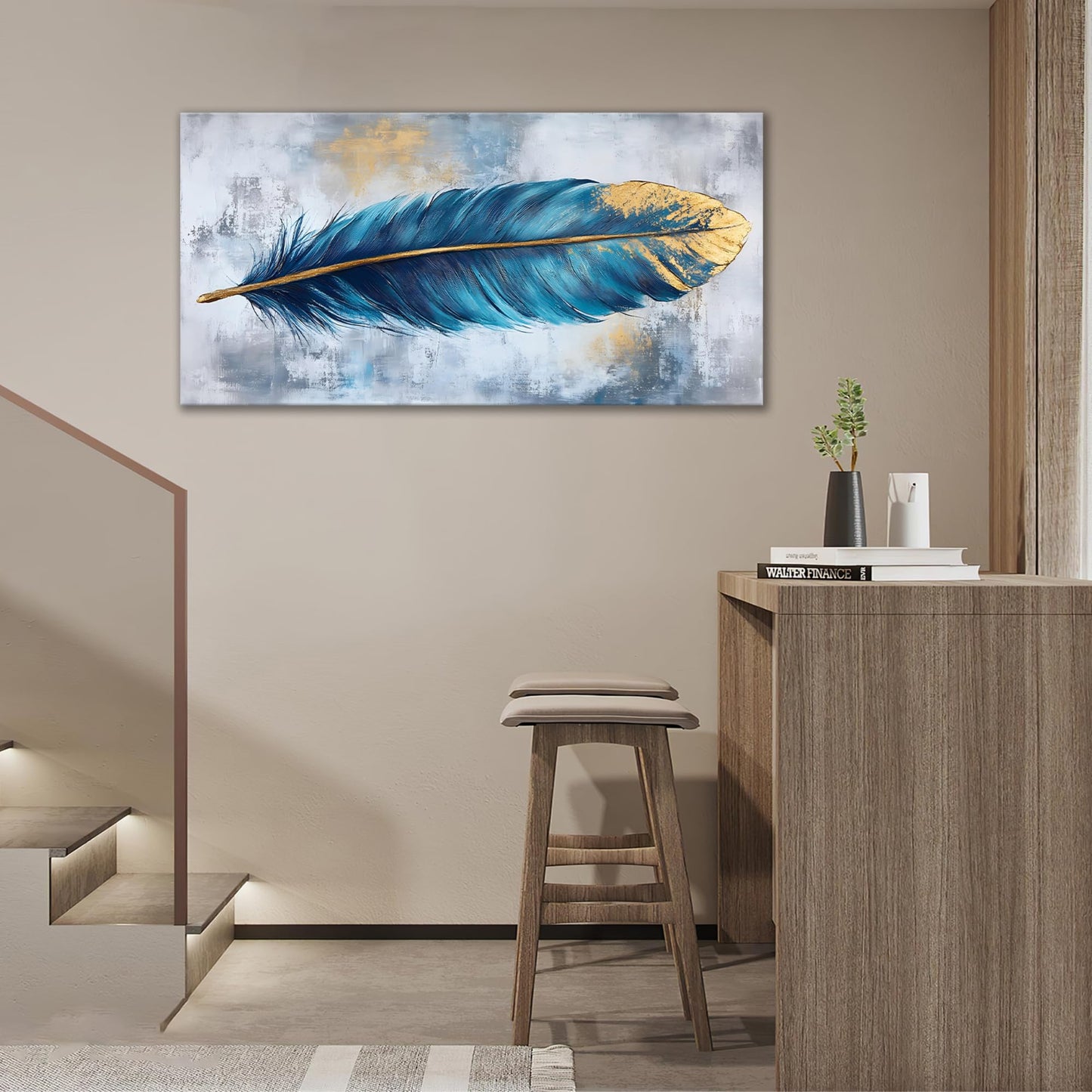 Blue Feather Large Wall Art for Living Room Modern Wall Decor for Bedroom Feather Pictures Feather Painting Framed Large Canvas Art Ready to Hang 30"x60"