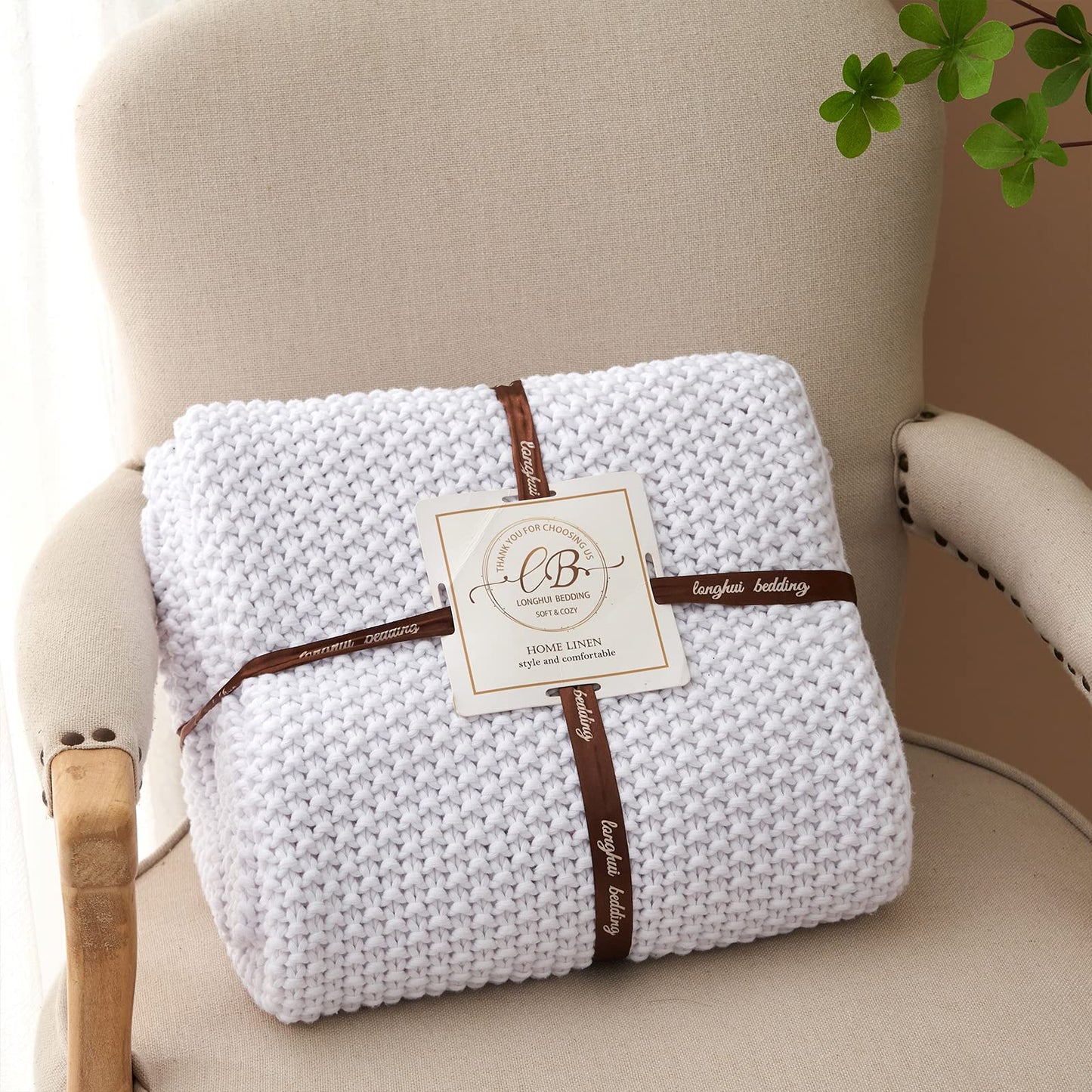 Chunky Cable Knit Throw Blanket Lightweight White 100% Organic Cotton Blanket for Sofa Couch Bed Baby Nursery, Rustic Shabby Chic Modern Farmhouse, Pure White 51” x 63” Give Laundering Bag