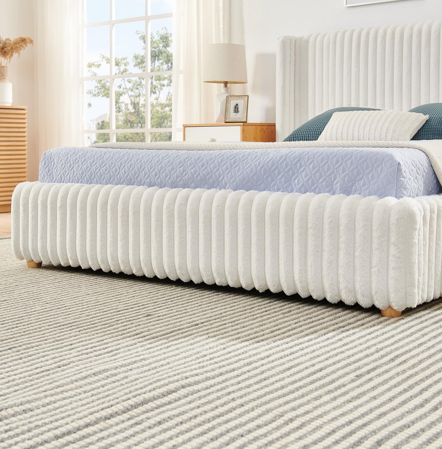 Tabaray Queen Bed Frame with Storage, Upholstered Platform Bed Frame with Plush Rabbit Fur Headboard, Adult Floor Bedframe with Wooden Slats Support, No Box Spring Needed for Bedroom, Apartment, Beige