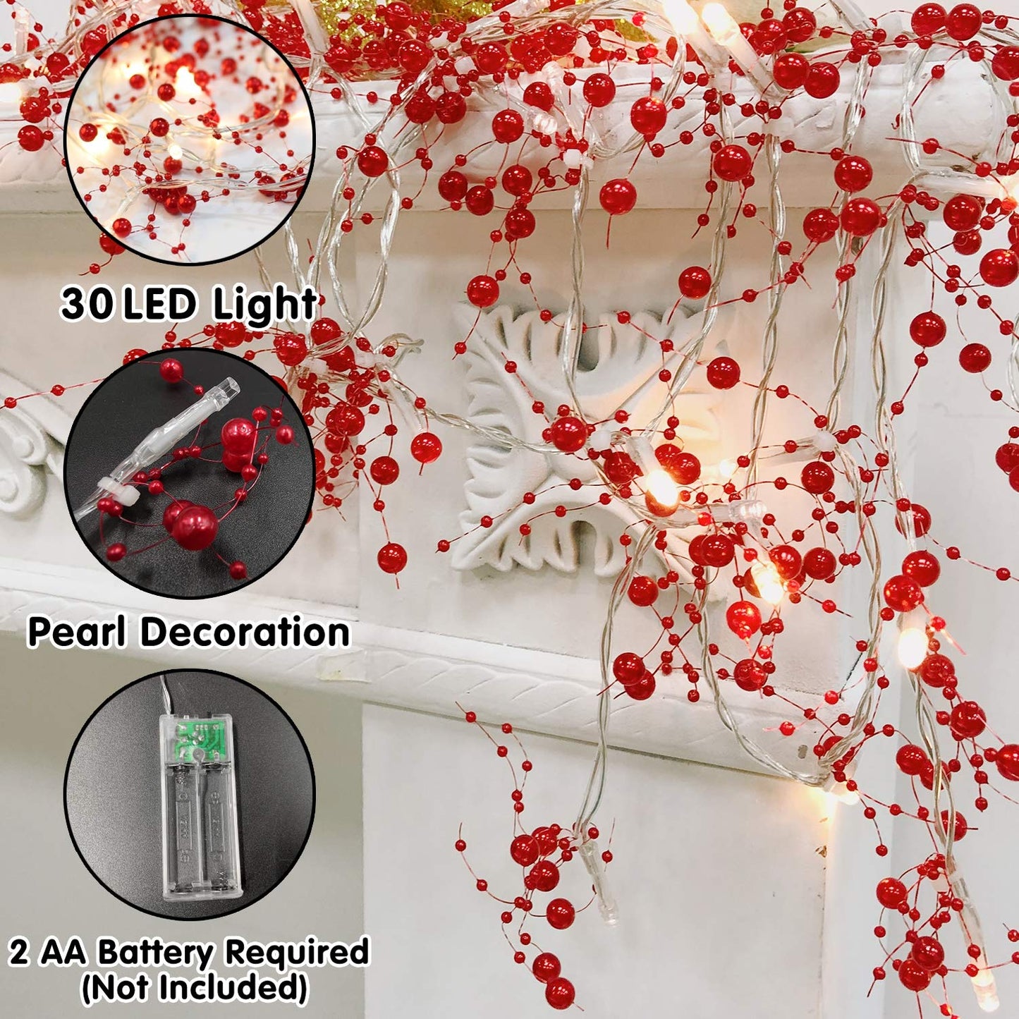 TURNMEON 10 Ft 30 LED Red Christmas Garland with Lights Timer Beaded Garland Christmas Lights Battery Operated Festive Lighted Xmas Garland Christmas Decor for Home Mantle Fireplace Table Party Decor