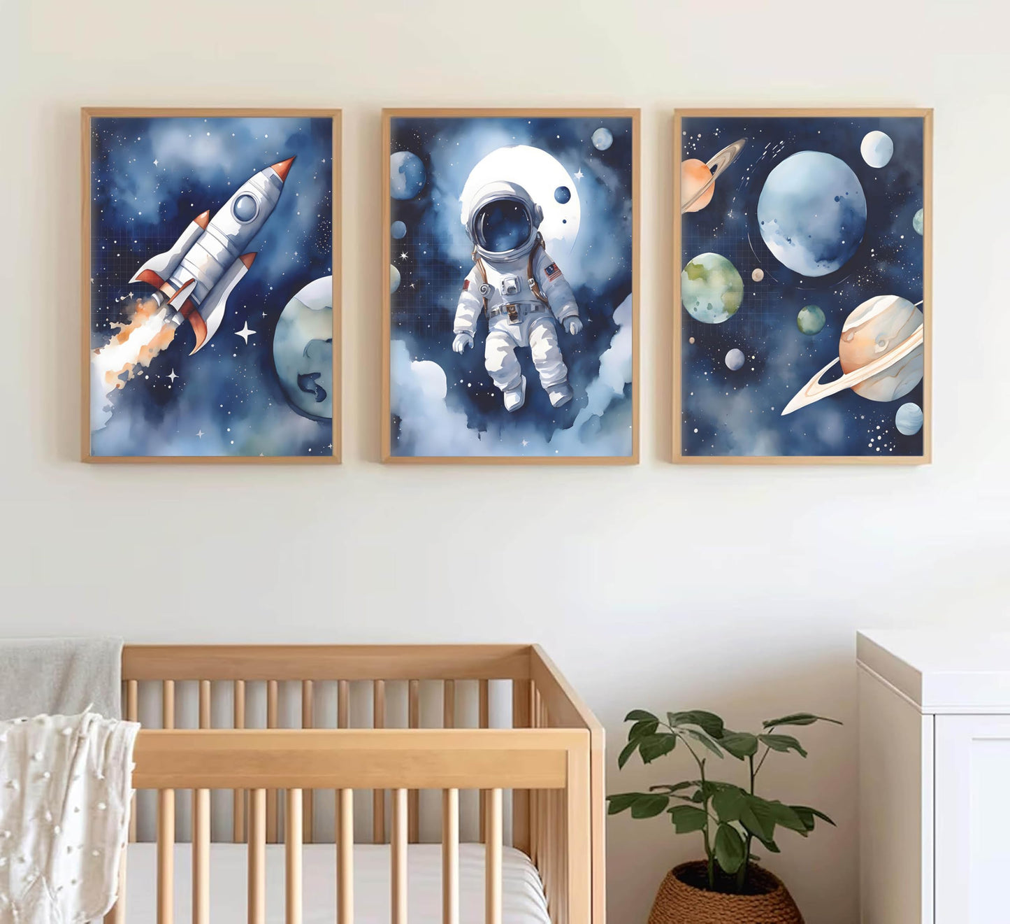 3Pcs Nursery Astronaut Wall Art Kids Space Planets Theme Canvas Painting Rocket Spaceman Wall Decor Explore Dream Galaxy Poster Prints Funny Outer Space Picture for Boys child Bedroom Living Unframed