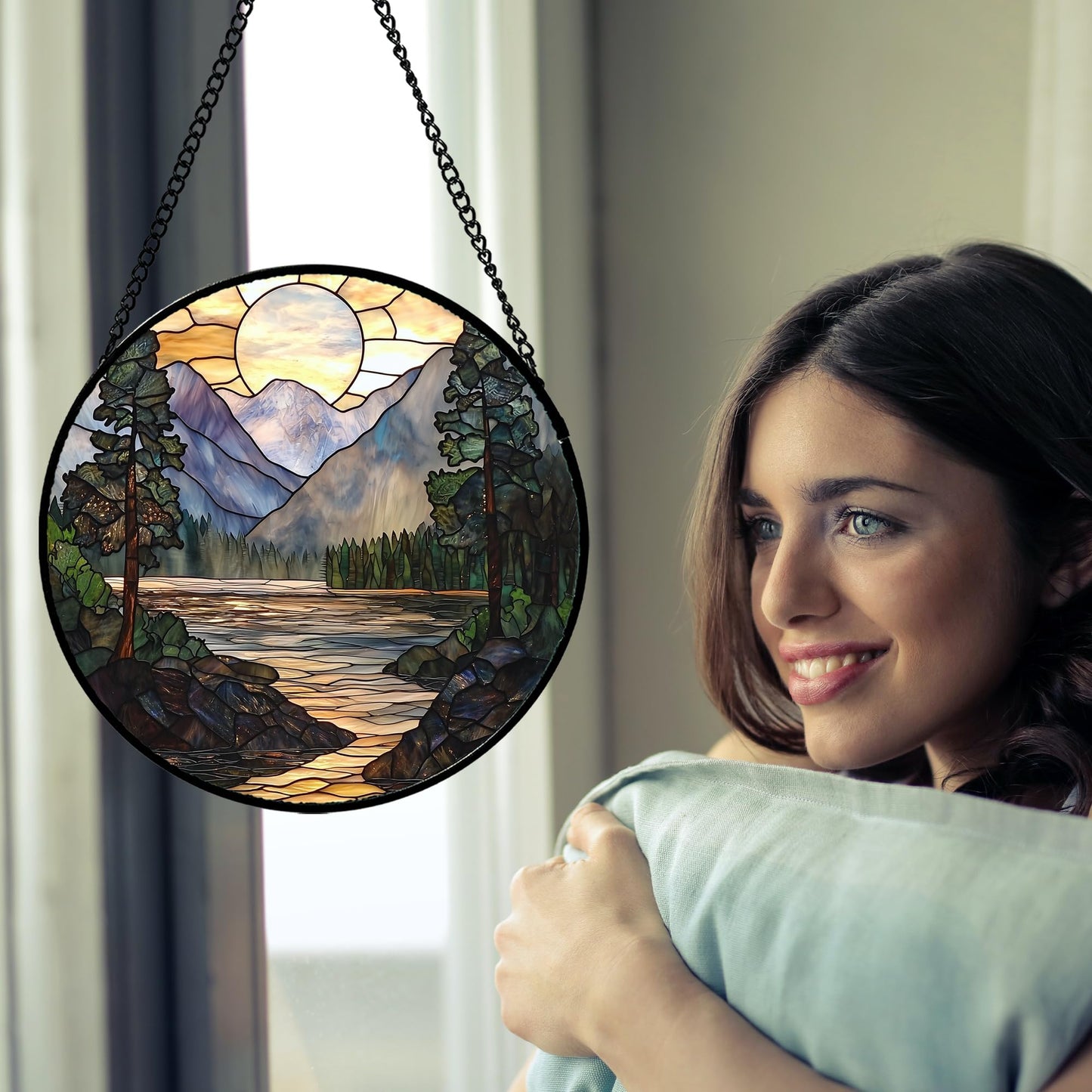 AMDERVEN Stained Glass Window Hanging, Sunset Mountains Lake Tree Sun Catcher for Window Home Decor Landscape Suncatcher Mother's Day Birthday Gifts for Women Men Mom and Nana 7.8 in