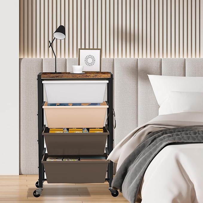 Rolling Cart with Drawers, Rolling Storage Cart with Large Plastic Drawers & Wooden Tabletop, Utility Cart with Pegboards & Basket, Storage Drawers Cart for Living Room, Classroom, Bedroom, Office