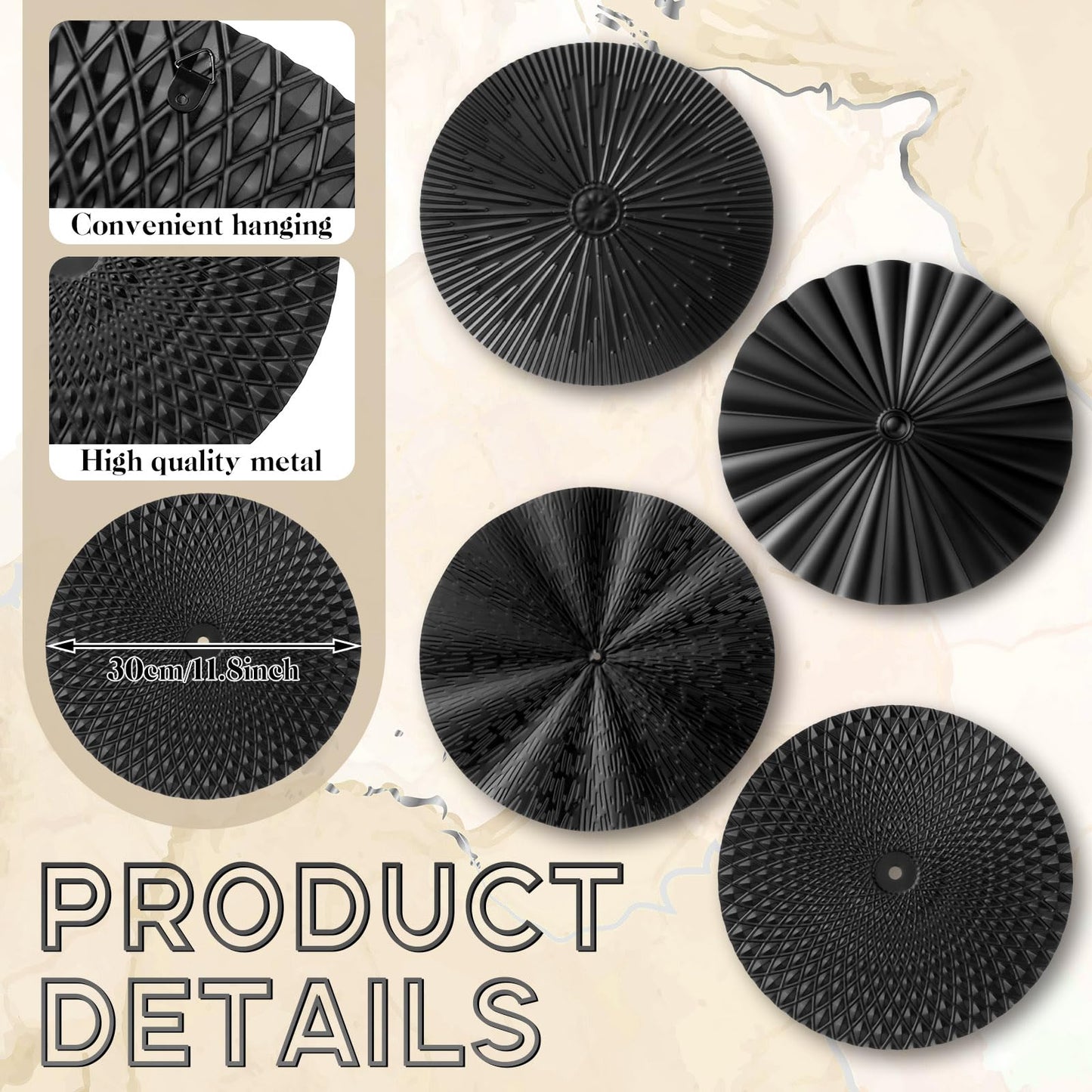 Hicarer 4 Pcs 12 Inch Metal Wall Art Decor Sunburst Hanging Metal Artwork Decor Wall Art Decorations for Home Living Room Office Gift for Christmas(Black)