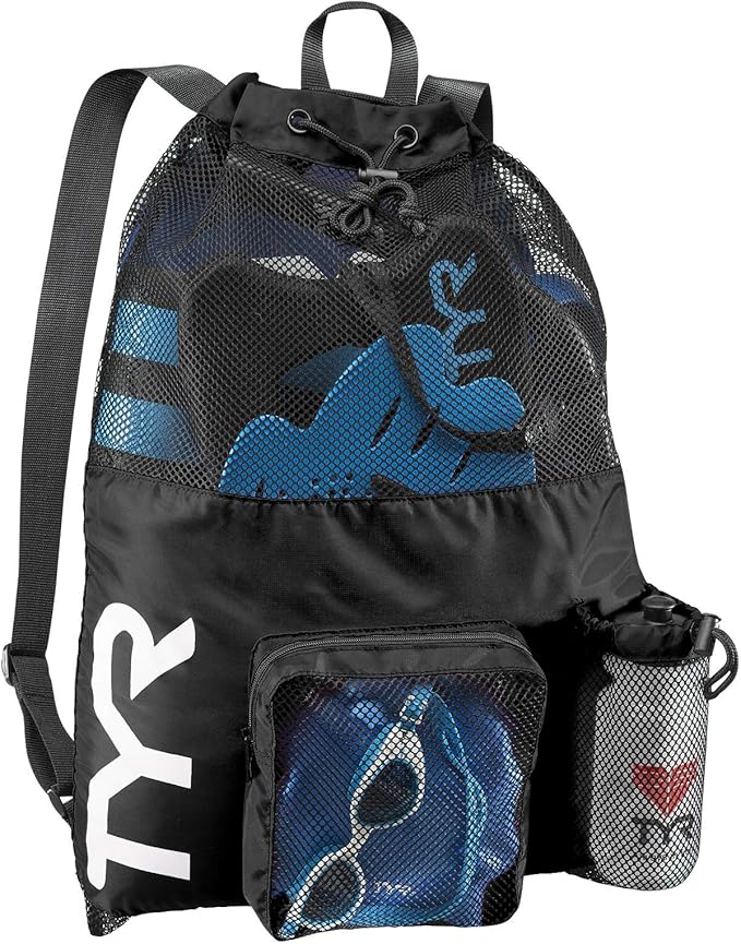 TYR Big Mesh Mummy Backpack for Swim, Gym and Workout Gear, Black, 40-Liter Capacity