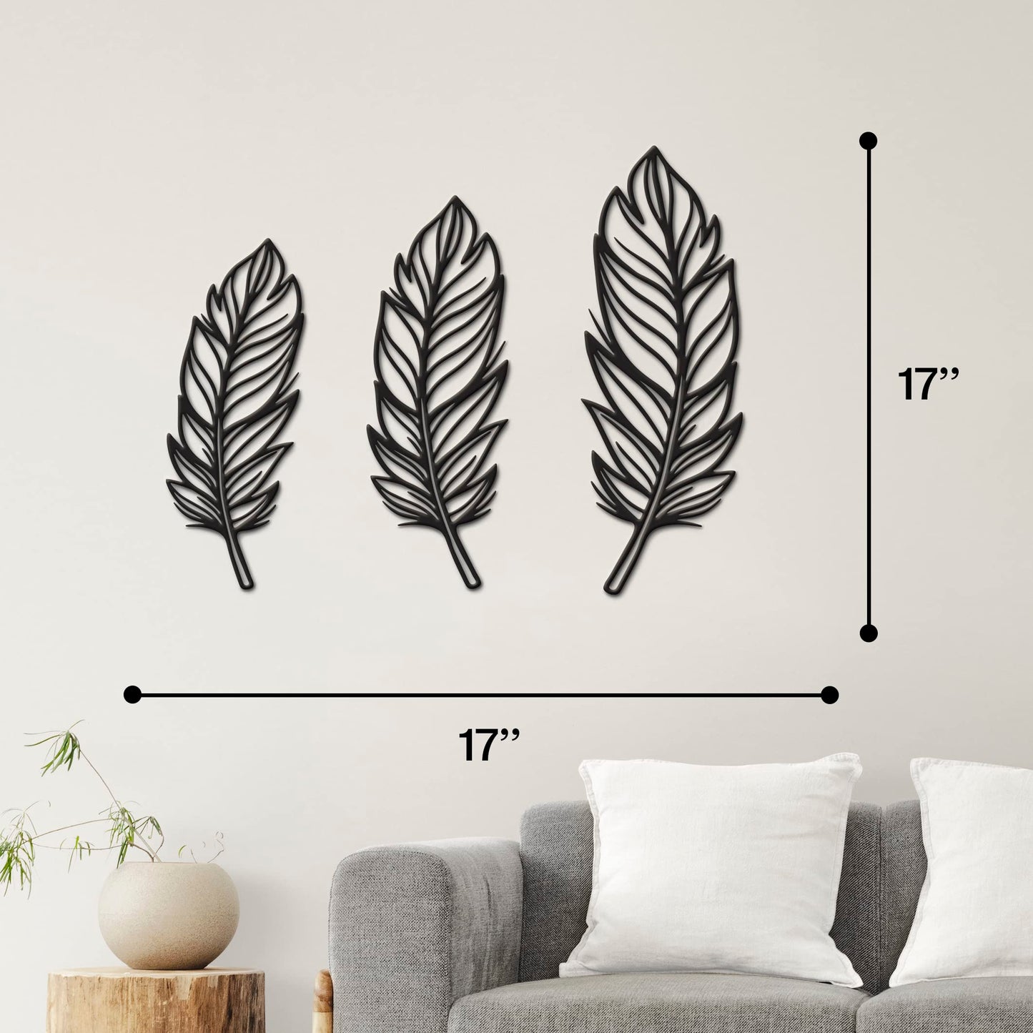 Vivegate 3 PCS Metal Feather Sign Metal Wall Decor - 17"X17" 3 PCS Black Modern Beautiful Boho Feathers Farmhouse Metal Wall Signs for Hanging Any Room Wall Art Decor