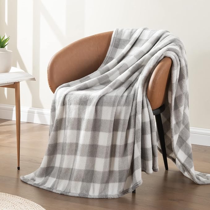BEDELITE Plaid Fleece Twin Blanket for Couch & Bed, Grey & White Checkered Flannel Blanket, Cozy & Soft Buffalo Plaid Decor Blanket for Women, Men, 60"x80"