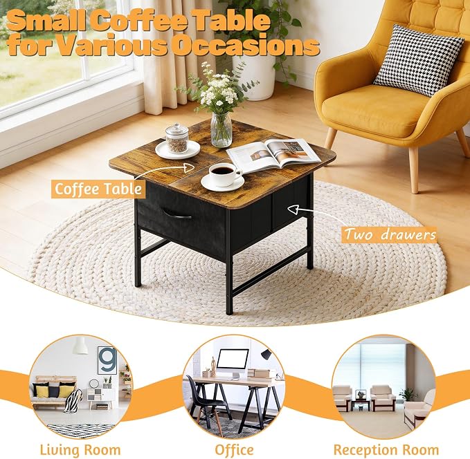 Coffee Tables for Living Room,Modern Small Coffee Table with 2 Large Storage Drawers,Wooden Square Center Table for Small Space,Apartment,Dorm,Home Office,Rusitc Brown