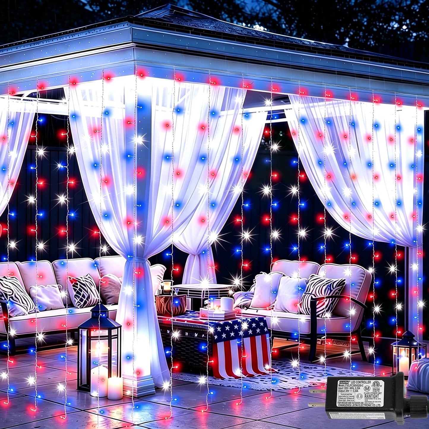 YEGUO 300 LED Red White and Blue Lights, 4th of July Lights Plug in, Patriotic Curtain Lights Hanging String Lights for Bedroom Wall Window Backdrop Indoor Outdoor Independence Memorial Day-9.8x9.8ft