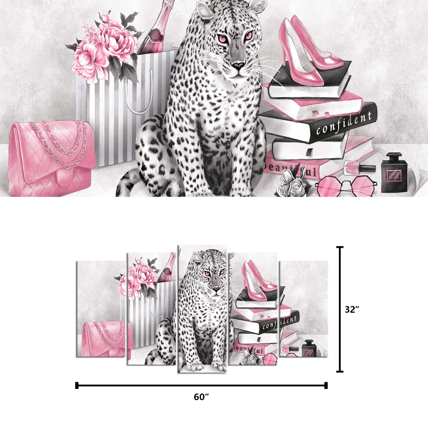 Kalormore 5 Pcs Leopard Canvas Black and White Wall Art Prints Glam High Heel Shoes Books Poster Giclee Prints Picture for Woman Bedroom Girl Gift Makeup Room Decoration (Pink, L-60 xH-32)