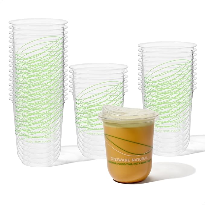 TOSSWARE NATURAL 16oz Arc Green Wave - Plant Based 98mm Clear Cold Cups - Plastic Alternative for Parties, Bachelorettes, Weddings - Recyclable - Set of 50