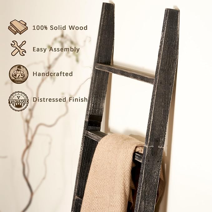 Blanket Ladder for The Living Room 6-Tier, Wooden Decorative Quilt Holder for Bed Room, Wall-Leaning Wood Towel Rack for Bathroom，Rustic Farmhouse Ladders for Display.(Black Wash)