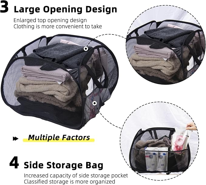 Collapsible Laundry Basket, 90L Foldable Pop-up Laundry Hamper with Handles, Mesh Dirty Clothes Hamper for Laundry, Bathroom, Kids Room, Dorm,Travel or Camping (Black)