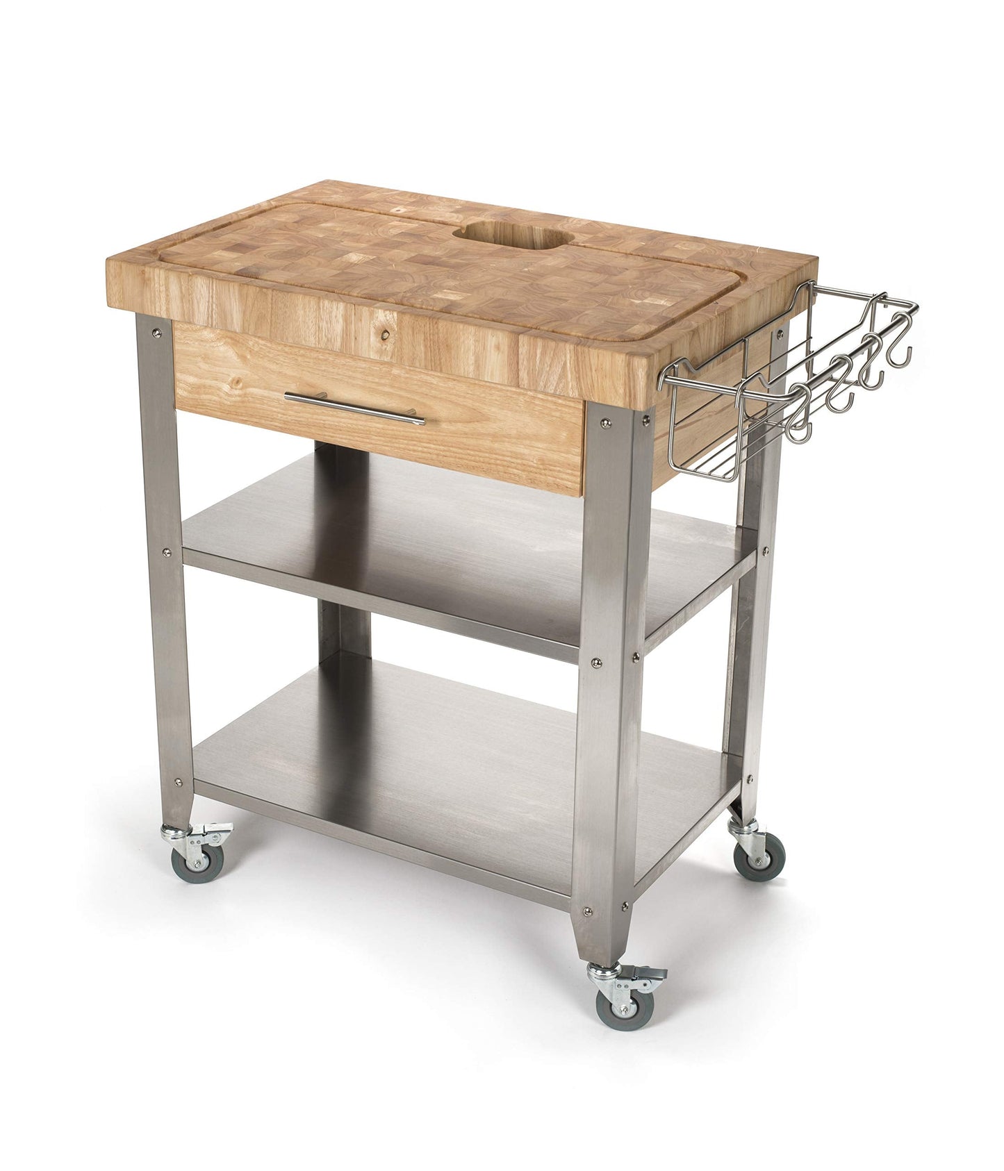 Chris & Chris JET018 Rolling Kitchen Island-Portable Food Prep Table with Durable Cutting Surface, Juice Groove & Collection Pan-Includes Storage Drawer, Spice Rack, 2 Stainless Steel Shelves, Natural